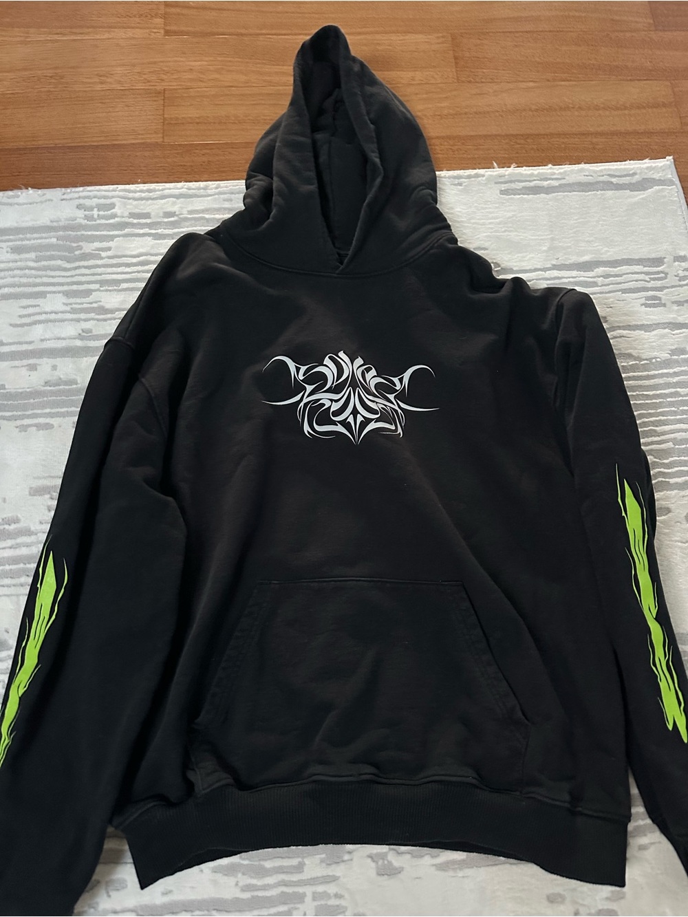 Boiler Room Unisex Oversized Black Hoodie with Neon Green Sleeve Flame Graphics